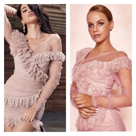 HOUSE OF CB Sorrel Blush Pink Off the Shoulder Lace Ruffle Mini Dress Large NWT - Picture 9 of 16